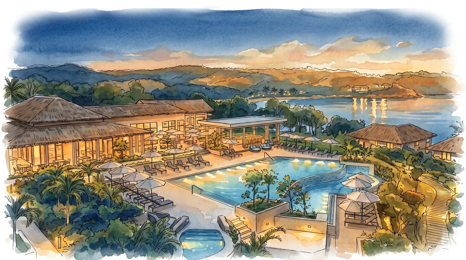 Pool and hotel grounds at sunset, aerial view, Six Senses La Sagesse